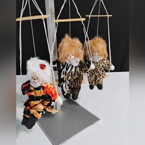 Vintage Set Of 3 Clown Cats On Swings Porcelain Face